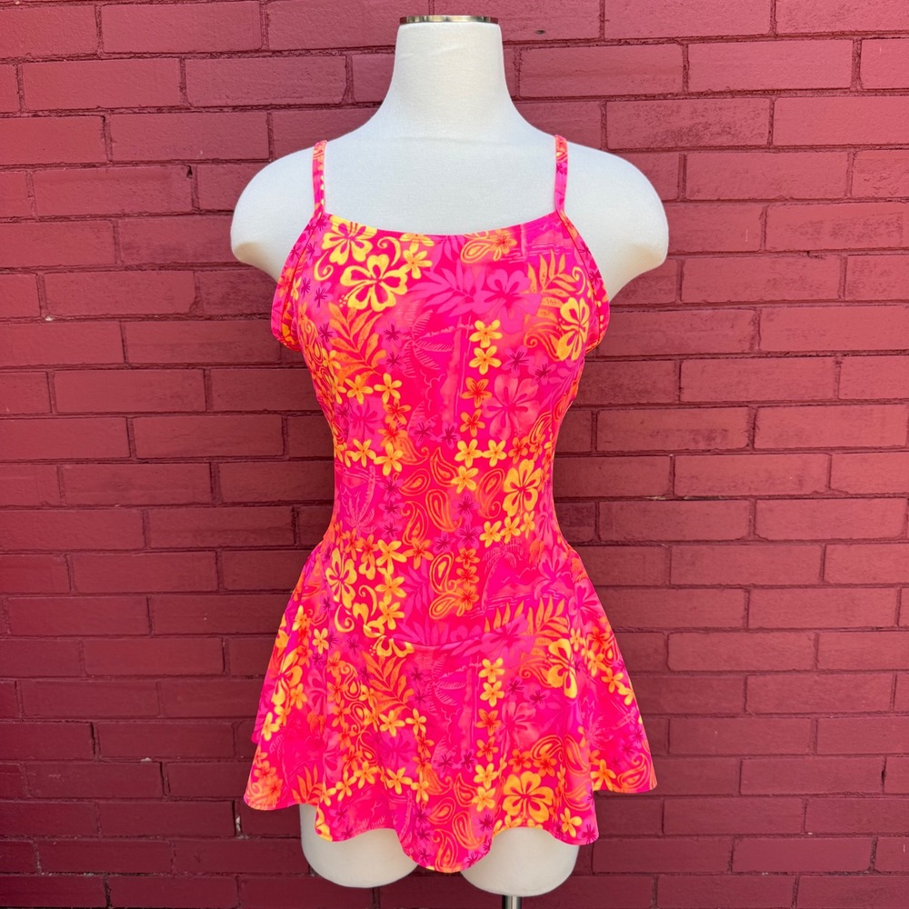 Vtg 90s Kathy Ireland Swimdress Swimsuit Size 12 Pink Floral One Piece Bright